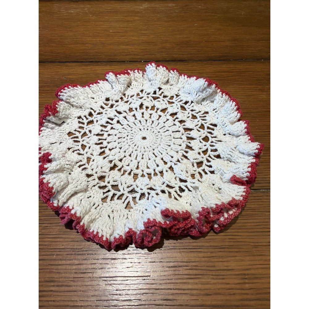 Vintage‎ White Crocheted Doily With Red Ruffled Edge 9.5"